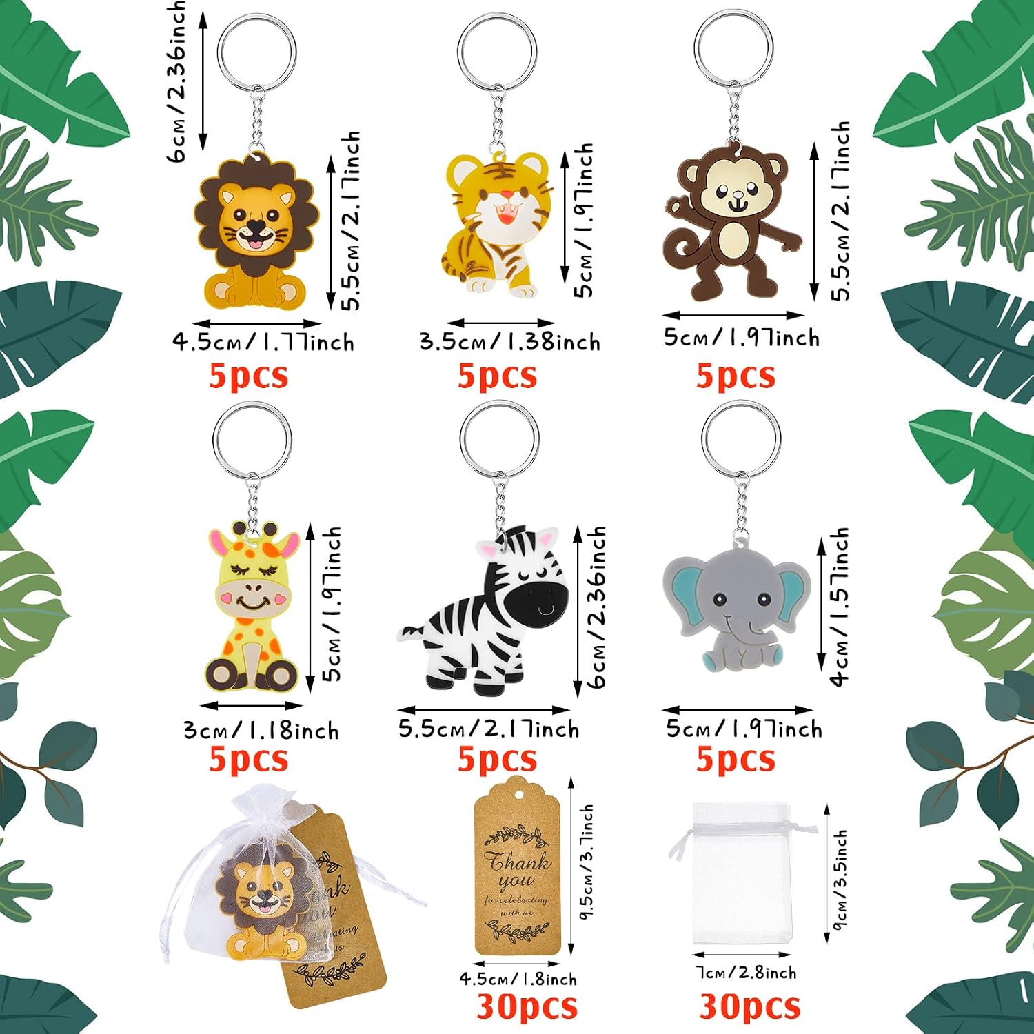 Taiyin 90 Pcs Safari Jungle Animal Keychains Baby Shower Party Favors 30 Sets Cute Baby Shower Prizes Zoo School Carnival Rewards with Thank You Kraft Tags and Organza Bags for Birthday Party Favors