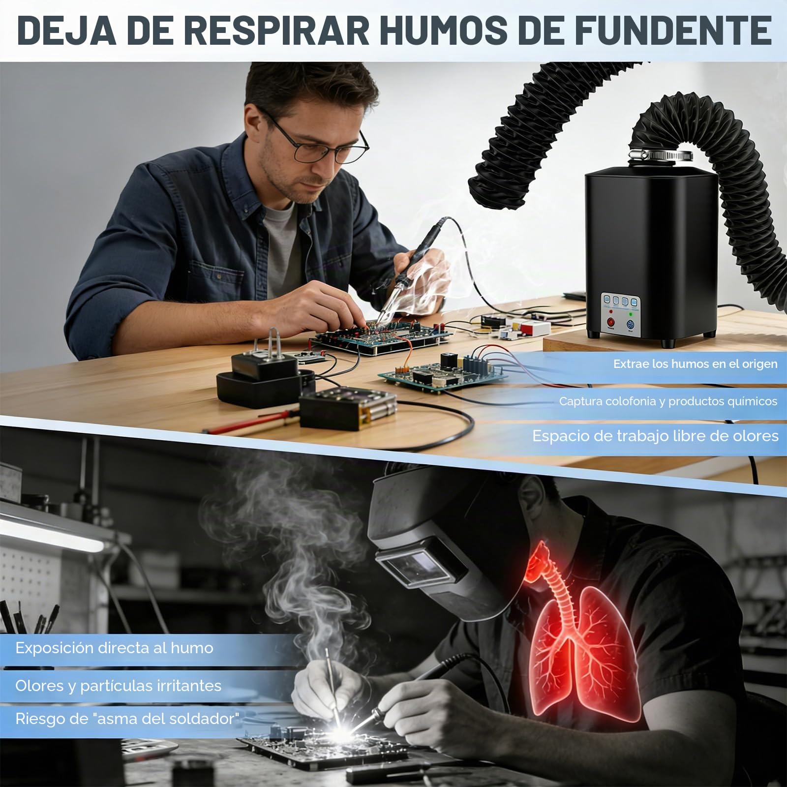 Extractor de Humos de Soldadura 50W 128m³/h, Absorbedor de Humo de Soldadura Láser con Filtro 3 Etapas HEPA H12 + Carbón Activo – Eficiencia 99,97% para Soldadura Grabado Taller Garaje
