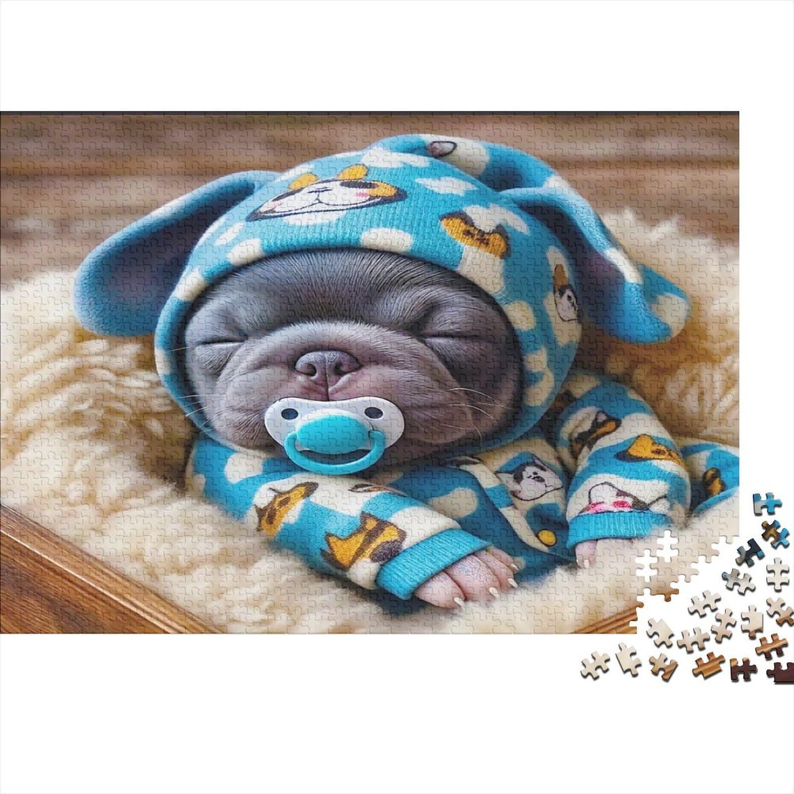 French Bulldog Pajama Puzzle for Adults Baby Puppy Puzzle 1000Pc Recycled Paper Adults Challenging Educational Game Home Activity Birthday Gift for Family 70x50cm/1000pcs