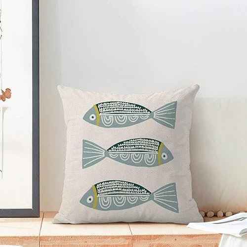 Miniatura 3 de AEIOAE Juego de 2 fundas de almohada costeras de 18 x 18 pulgadas, fundas decorativas de lino con estampado de peces azules de playa oceánica,