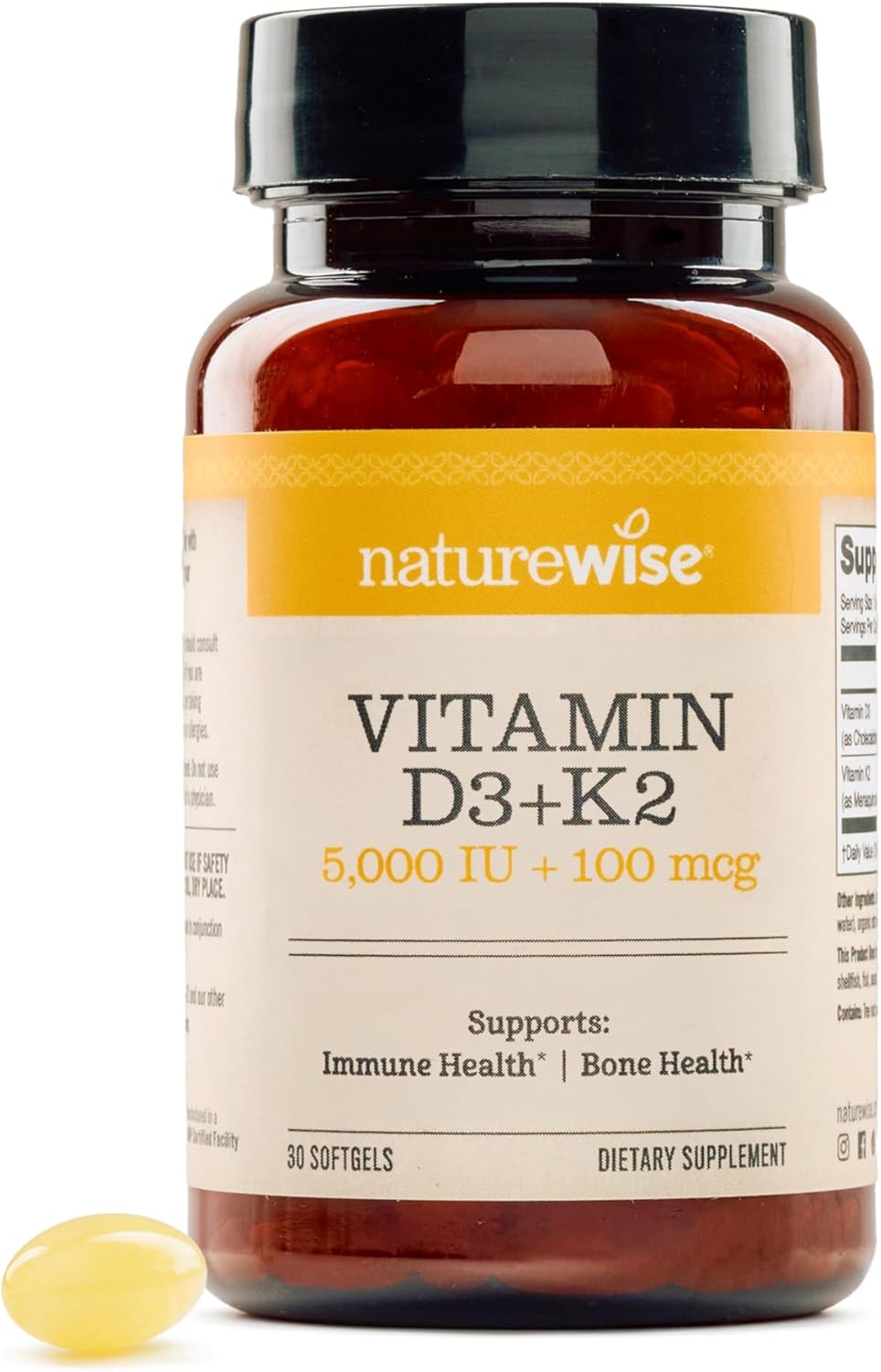 NatureWise Vitamin D3 5000IU + K2 (MK7) 100mcg with Organic Extra Virgin Coconut Oil – Supports Calcium Absorption, Bone & Immune Health – Non-GMO, Soy & Gluten-Free – 30 Softgels[30-Day Supply]