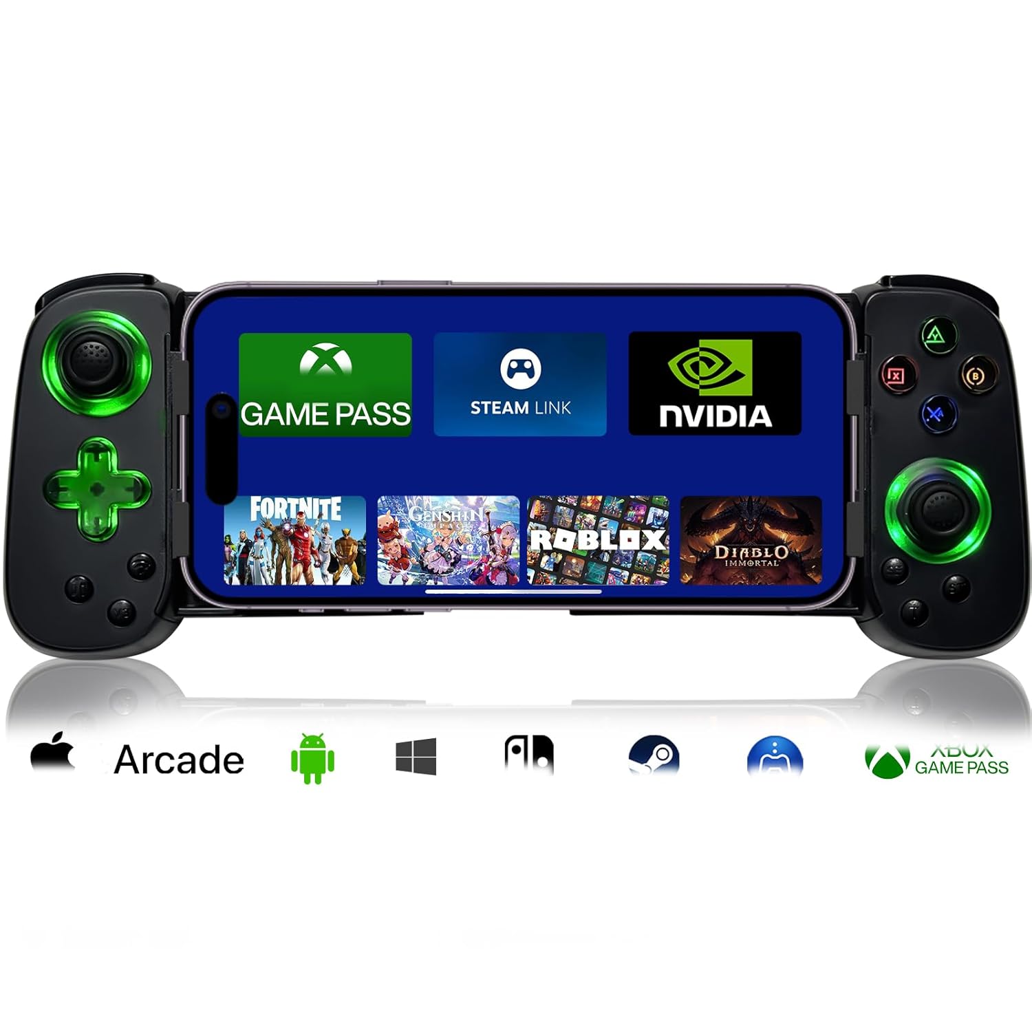 arVin Mobile Gaming Controller for iPhone Android with Phone CASE Support & Green Light, Wireless Gamepad for iPhone/iPad/Samsung/Tablet/Switch/PS4/PC, Play Xbox Cloud Gaming/PS Remote Play/Steam Link