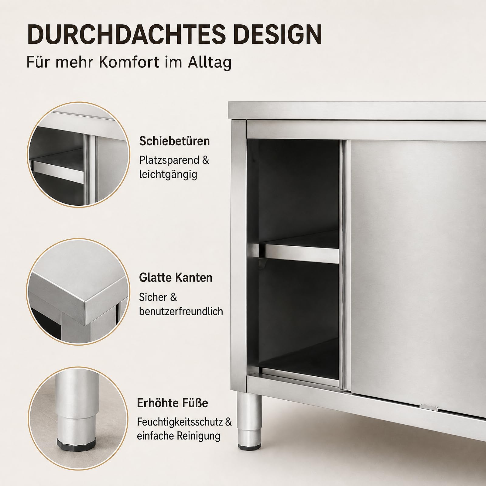 Armario de cocina de acero inoxidable, 120 x 50 x 86 cm, acero inoxidable con puertas correderas y encimera, 5-20 cm, almacenamiento de altura ajustable, de pie, armario de trabajo de cocina, mesa de