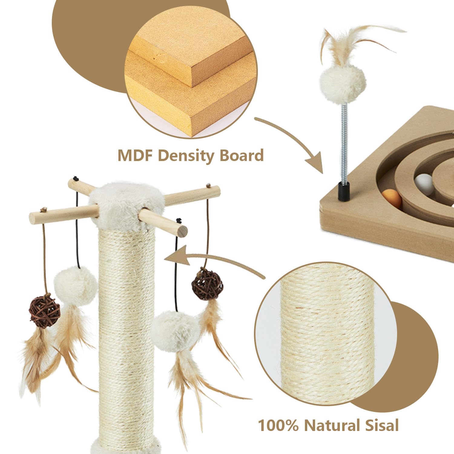PEEKAB Kratzbaum Sisal Kratzbaum für Indoor Katzen und Kätzchen mit Tracking Ball Interaktives Spielzeug und Hängende Bälle 30 Zoll Beige