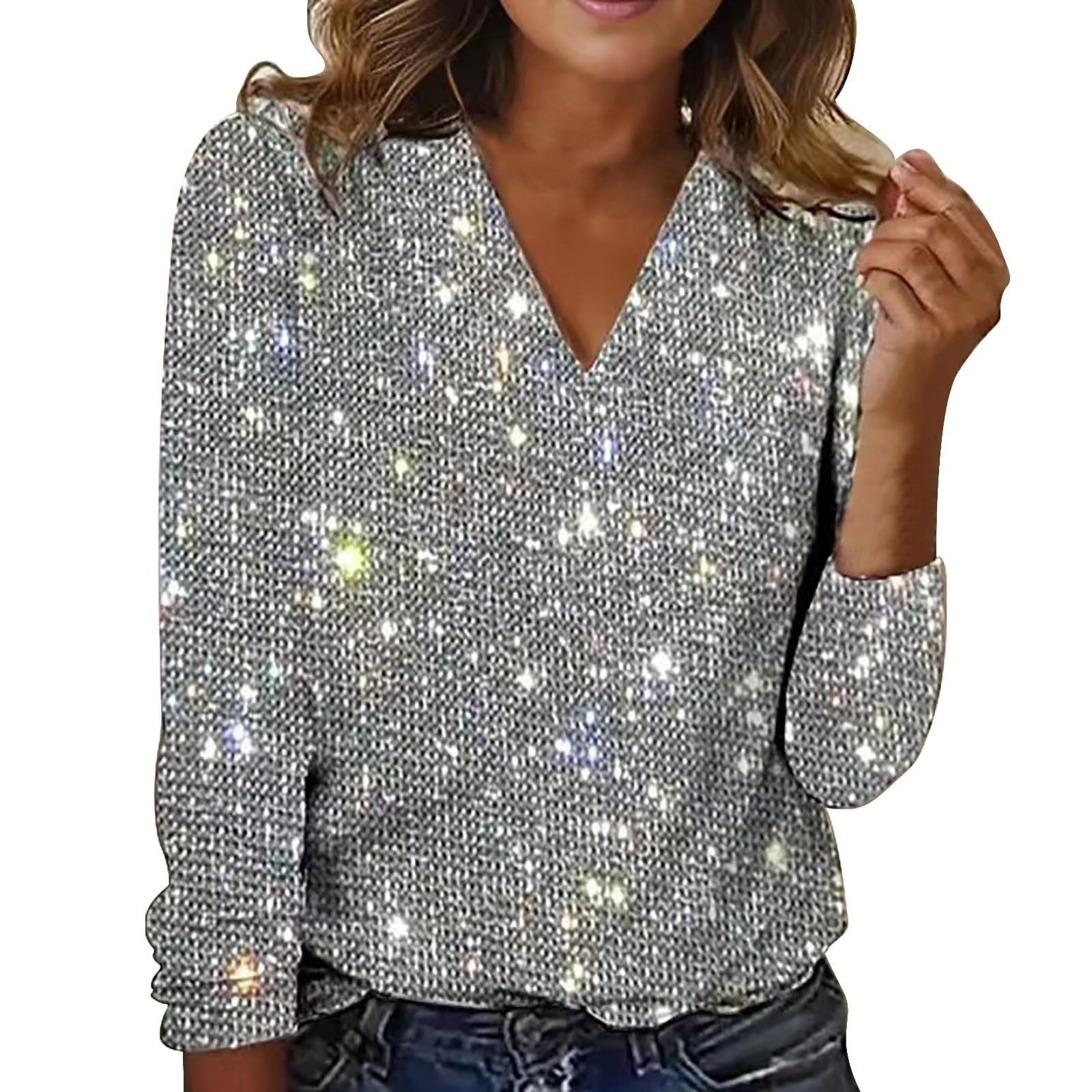 Jersey de lentejuelas para mujer elegante camiseta de fiesta manga larga cuello en V