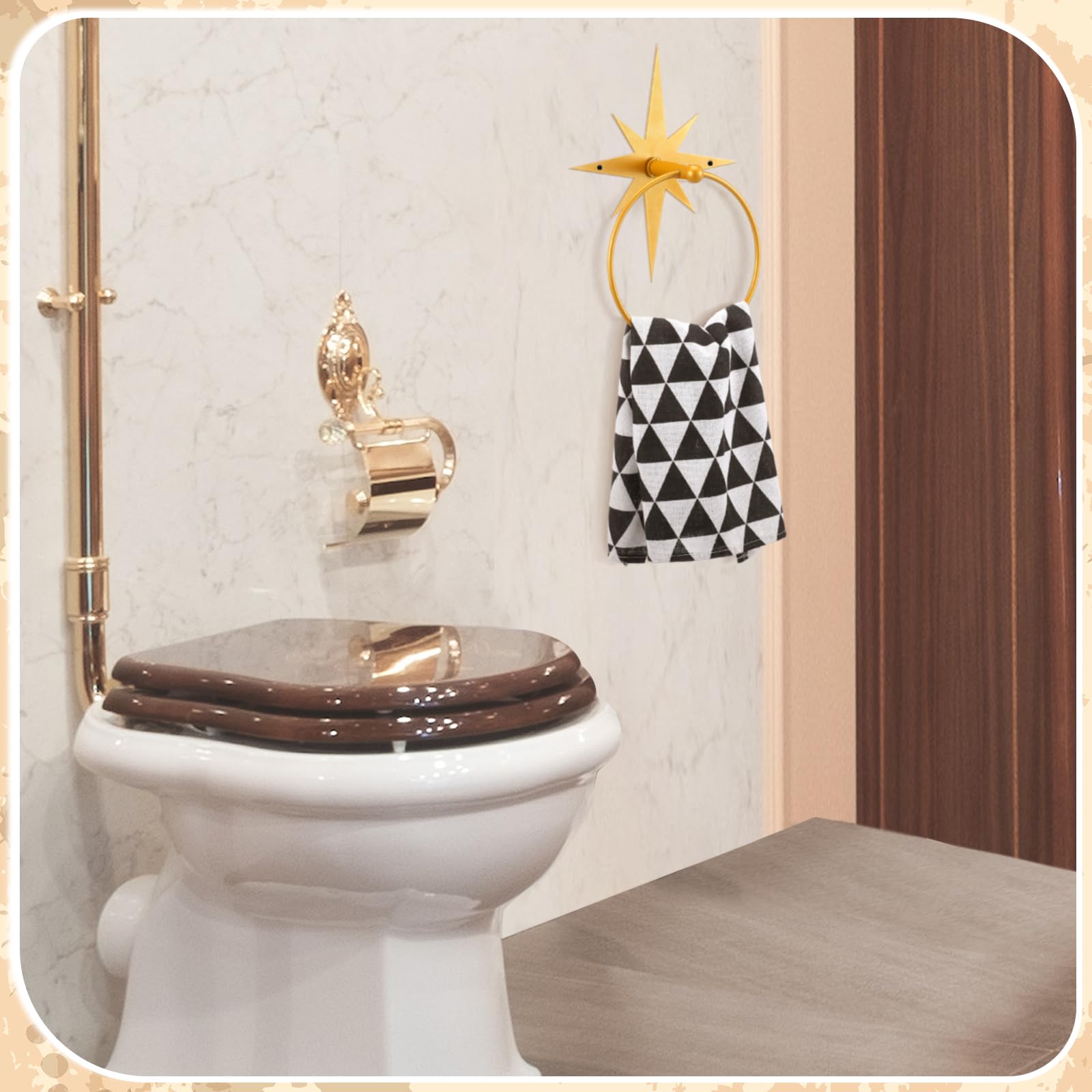 Reallnaive Soporte de anillo de toalla de mediados de siglo para baño, moderno dorado atómico, soporte de toalla de mano Starburst de mediados de siglo, accesorios de baño retro decoración de baño