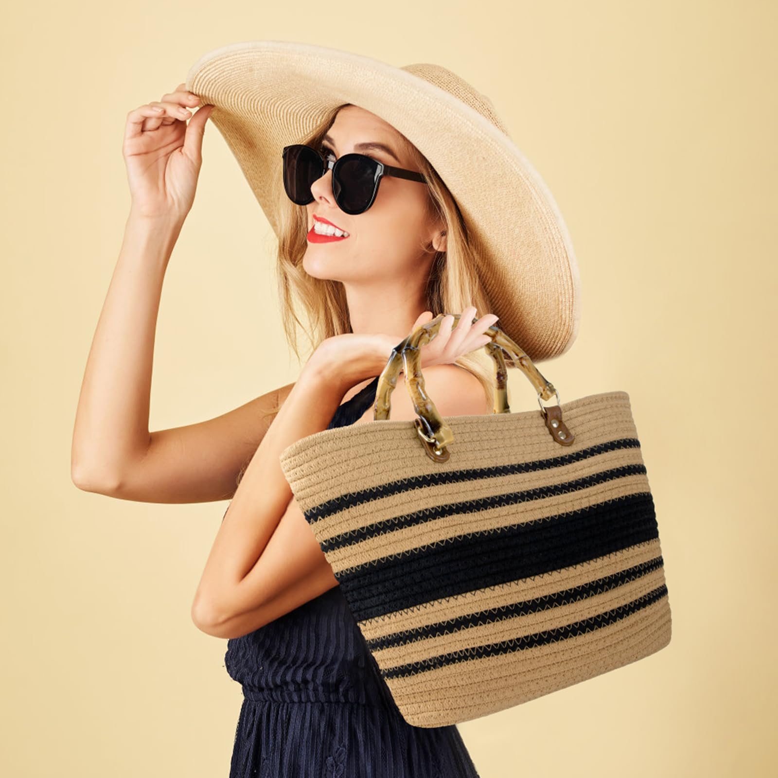 Tote Bag Grande Handbag a Spalla Estate Borsa per la Spesa con Manico Borsa di Modo per Donna Ragazze per Shopping Viaggio Spiaggia, Cachi e Nero