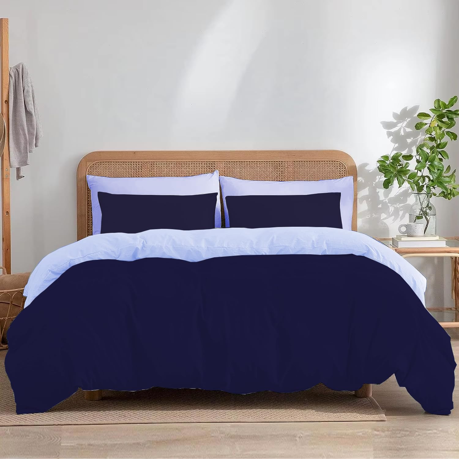 Ev Dekor Double Duvet Cover Sets - Reversible Brushed Microfiber Bedding- Plain Dye Quilt Cover with Pillowcase - Navy/Blue - Image 2