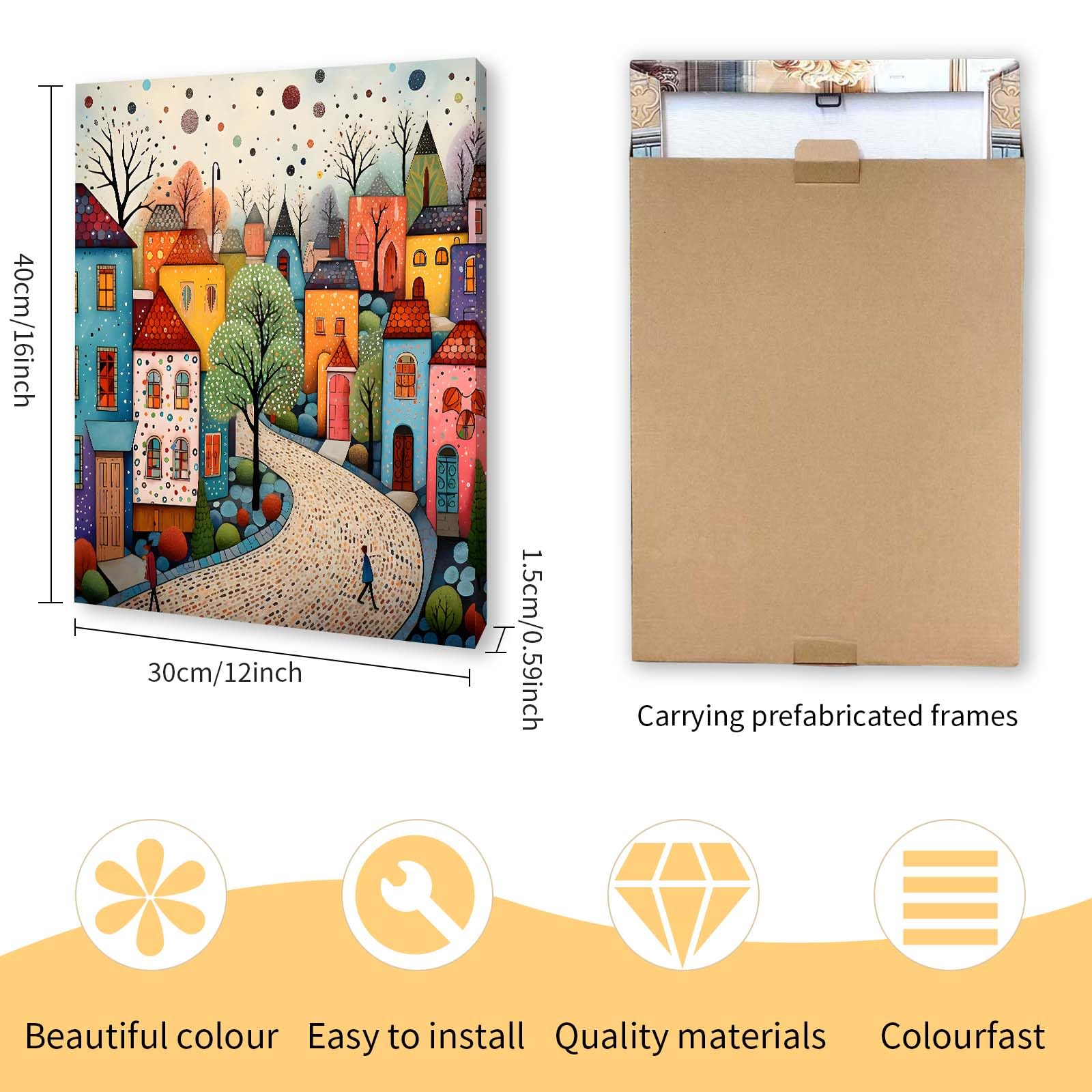 Qiukoo Framed Canvas Wall Art, Colourful Town Artwork, Waterproof Modern Print with Hook - Image 2