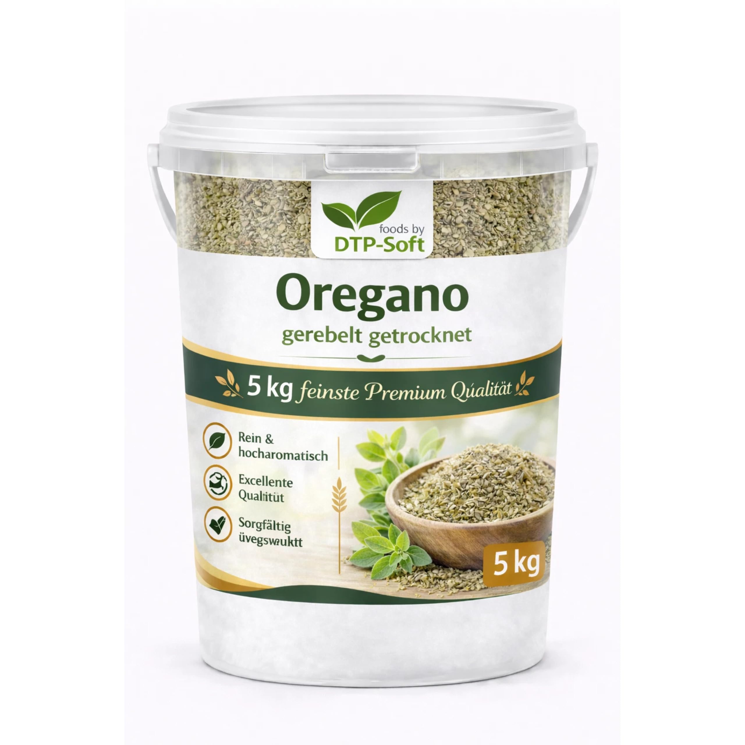 Getrocknet Oregano gerebelt 5kg - Premium Oreganoblätter im Eimer - aromatisches Gewürz für Pizza, Pasta, mediterrane Küche, Salate, Saucen, Fleisch und Gemüse - Vorratspackung für Haushalt und Gastro