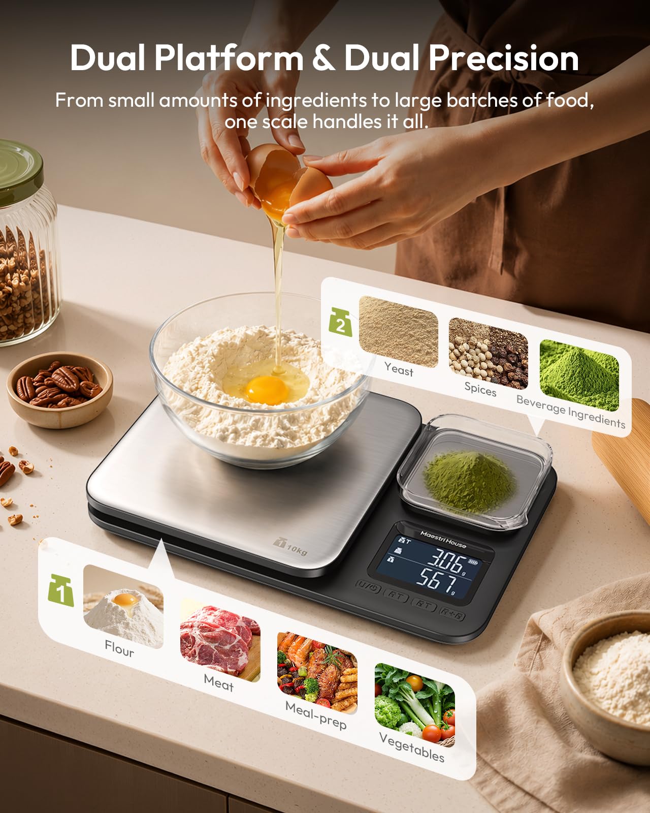 Maestri House Balance de cuisine avec deux plateformes de pesée, haute précision de 0,01 g et capacité totale de 10 kg/1 g, balance alimentaire 2 en 1 en acier inoxydable avec fonction tare et somme
