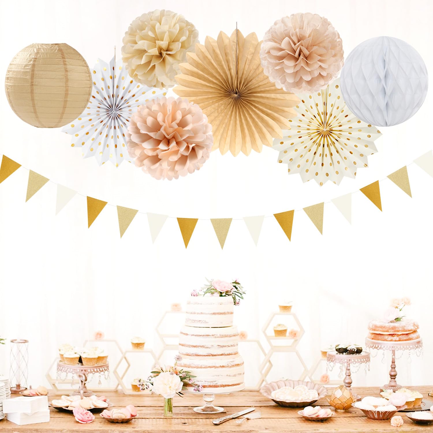 Baby Shower Wedding Decorations Boho Party Decorations Kit - 20pcs Neutral  Baby Shower \u0026 Wedding Decor | Paper Lanterns, Pom Poms, Fans \u0026 Bunting Rope  Ratchet Tensioning Device, image size:1500x1500
