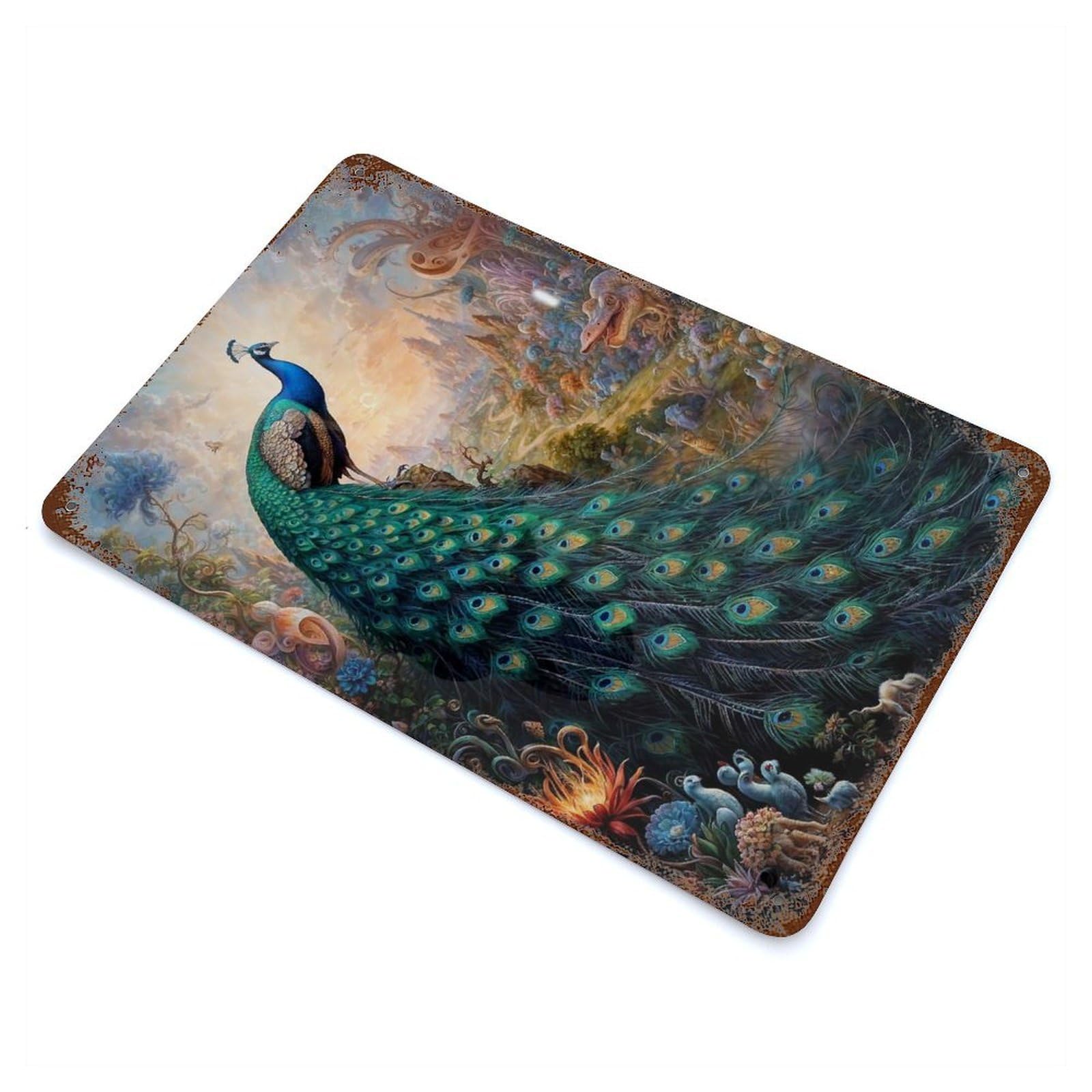 Proud Peacock Menagerie Weathered Tin Sign 11.8"x7.9", Retro Wall Decor for Pub, Kitchen And Man Cave Decor