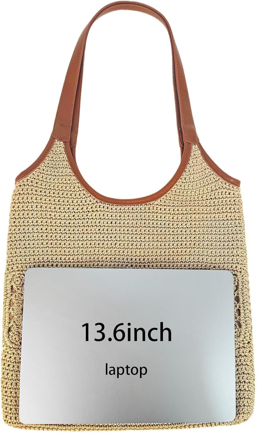 Eiyye Crochet Purse for Women Handmade Flat Woven Shoulder Purse with Wide Leather Straps Lightweight Boho Bag for Shopping Travel Daily Use