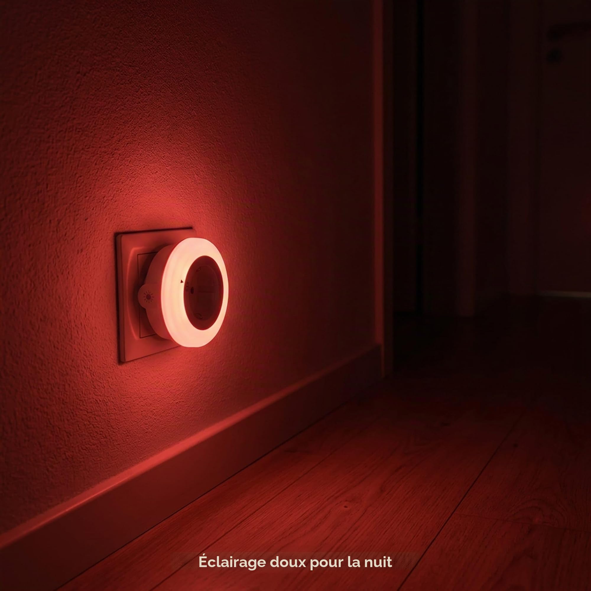 Veilleuse Rouge Mélatonine Prise Électrique – Capteur Lumière Automatique – 0% Lumière Bleue – Luminosité Réglable – Sommeil, Bébés et Allaitement – ON/AUTO/OFF – Pack 2