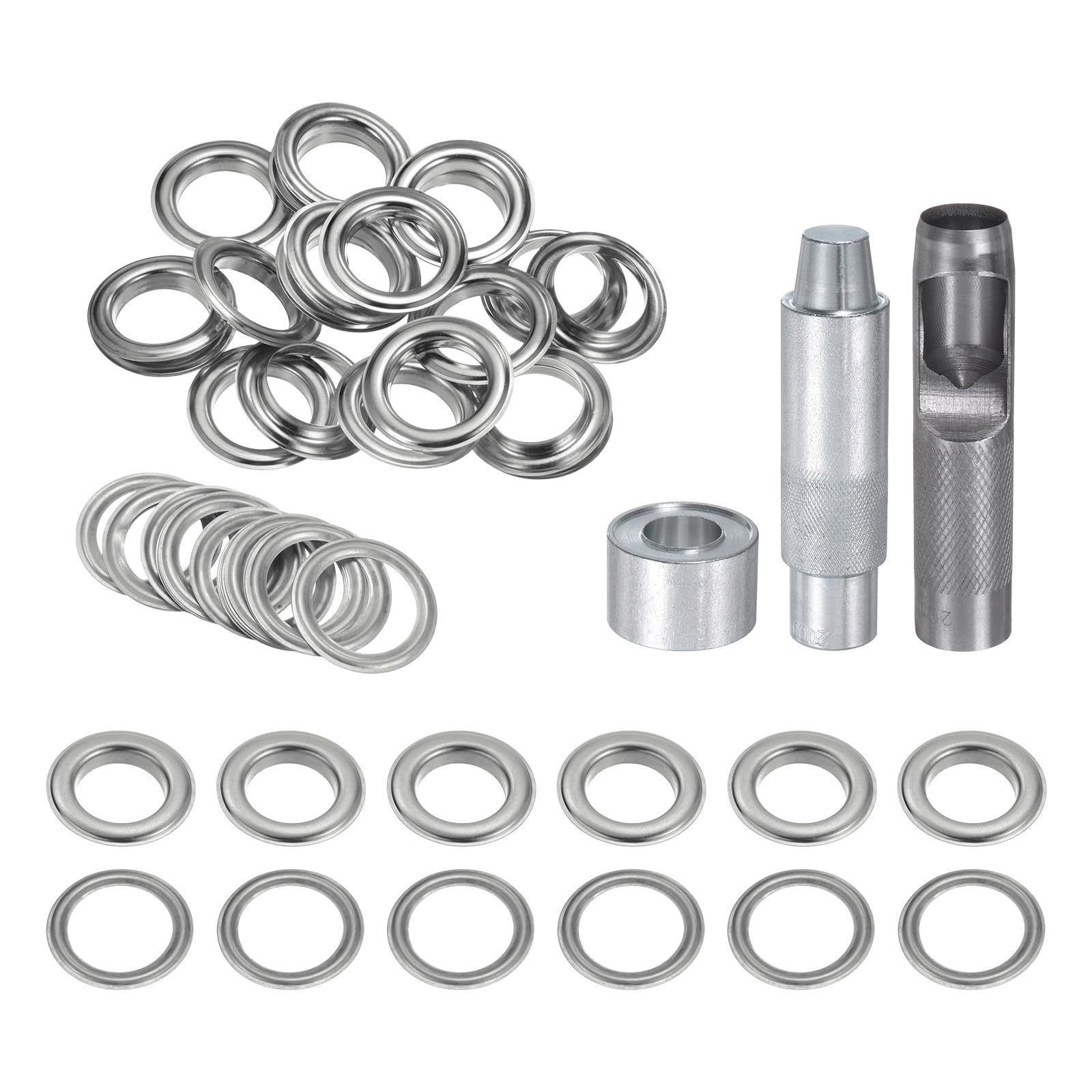 QUARKZMAN Kit de Herramientas de Ojales de 20 Pcs, Juego de Ojales de Cobre de 20 mm con Punzón Hueco, Herramientas de Instalación de Ojales para Ropa, Cuero, Tela, Tono Plateado