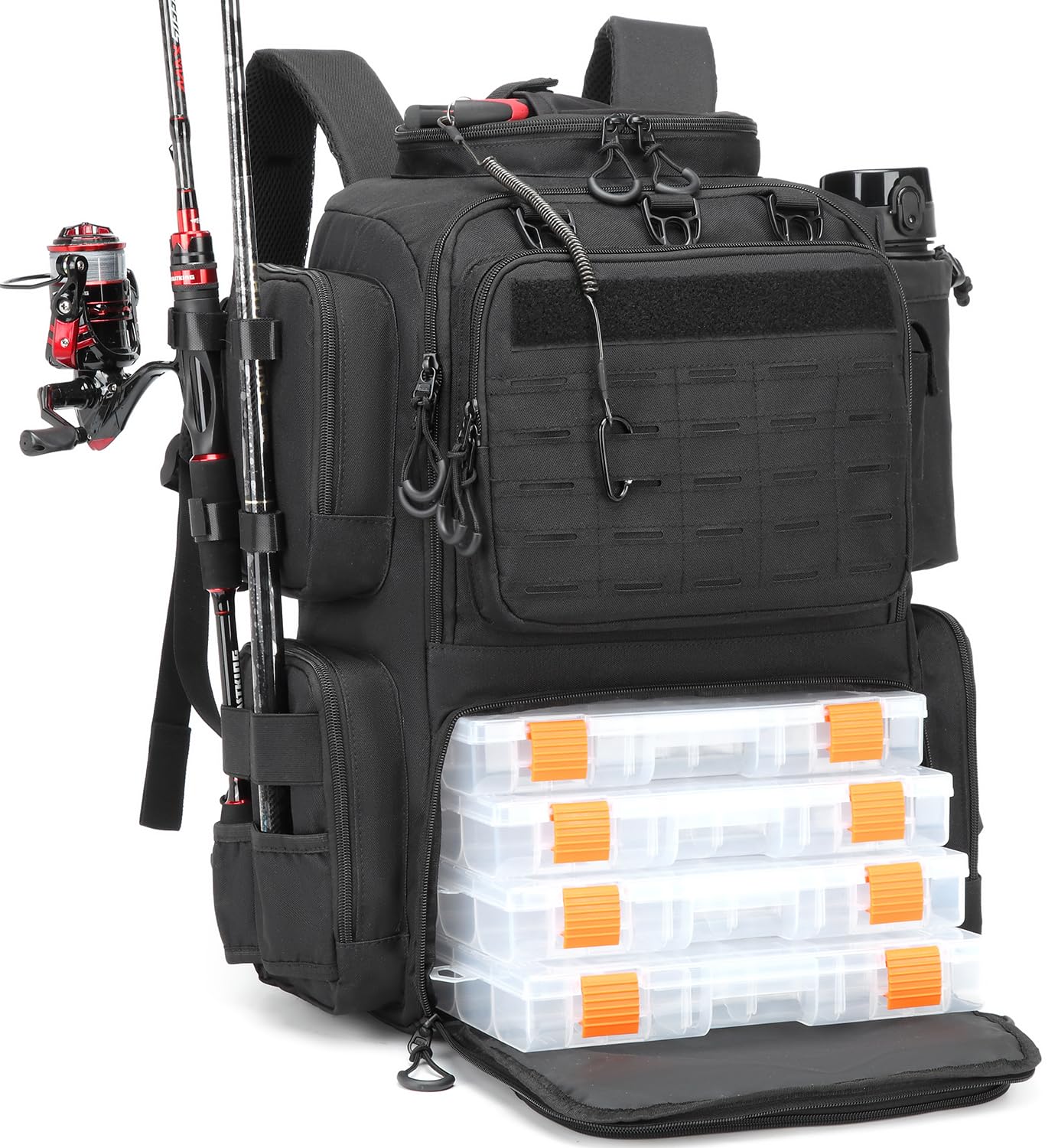 Sac à Dos de Pêche 50L avec Supports de Canne & Compartiment Réfrigéré Résistant à l'eau Sac de Rangement pour Accessoires de Pêche pour équipement de Pêche (Noir avec 4 Boîtes)
