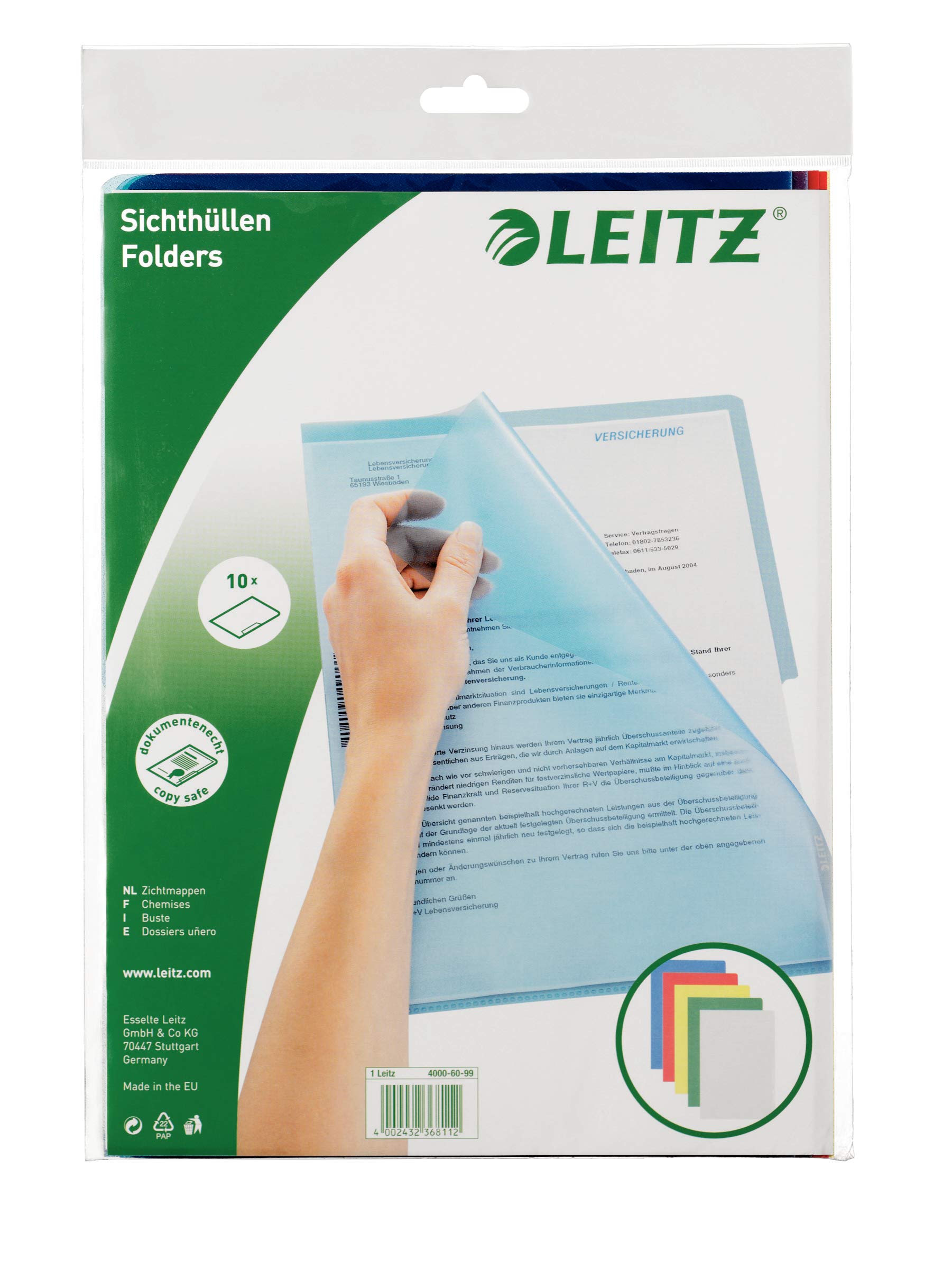 Leitz - Buste trasparenti Standard, formato A4, in PP goffrato, 10 pz, colori assortiti