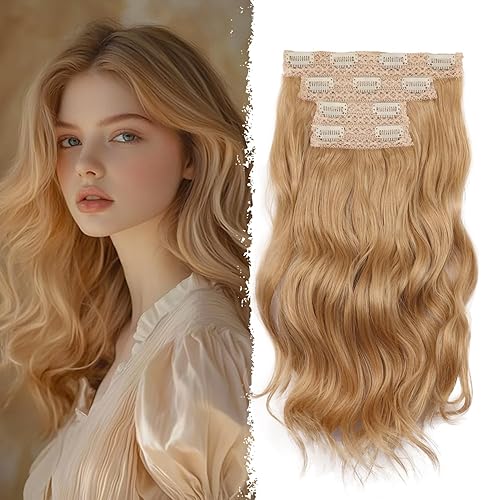 Miniatura 32 de 4 extensiones de cabello sintético con clip, extensiones de cabello rizado de 20 pulgadas de largo con clip (color: marrón medio)