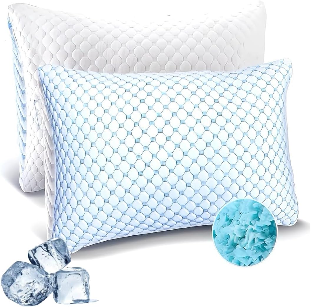 Cooling Memory Foam Queen Size Pillows 2 Pack: Adjustable firm Hotel Sleeping Pillows with Cool Removable Cover for Hot Sleepers. Perfect Support for Side Back Stomach Sleepers & Pain. Easy Wash