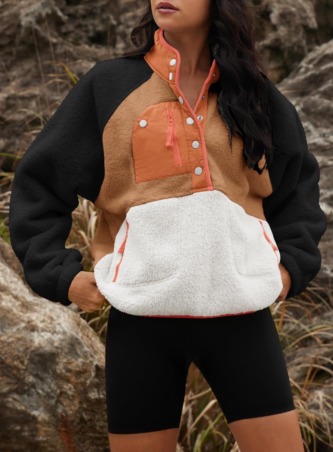 Yanekop Womens Fuzzy Fleece Pullover Sherpa Sweatshirt Long Sleeve Button Down Sweater Winter Fleece Jacket with Pockets