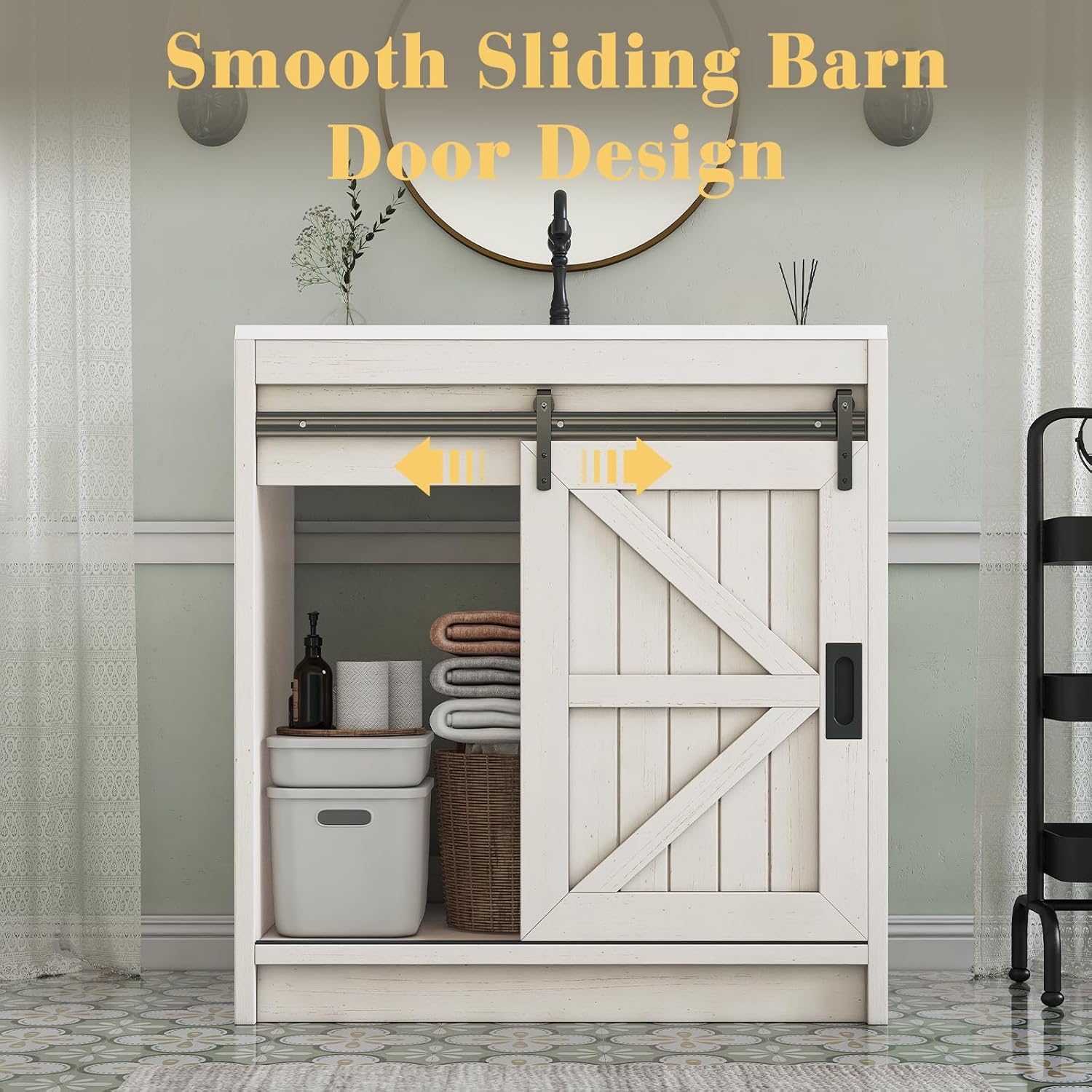 LUXOAK 31" Farmhouse Sliding Barn Door Bathroom Vanity with Sink Combo, Bathroom Vanity Cabinet with Drawers & Metal Handles, Freestanding, Distressed White