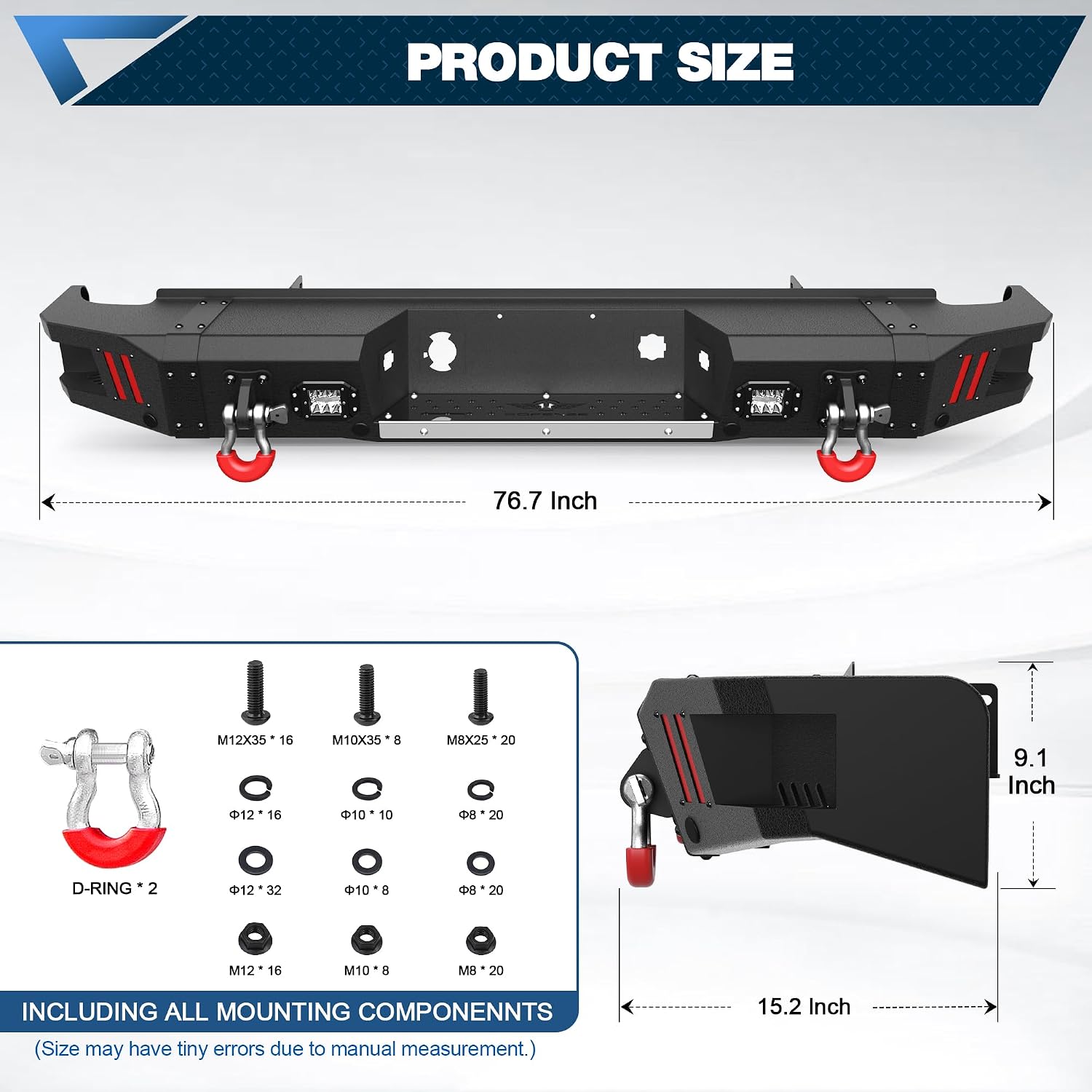 Truck Rear Bumper Fit Chevy Silverado 1500 / GMC Sierra 1500 (2007-2013), Textured Black Pickup Bumper w/Stainless Steel Step Plate, LED Lights, D-ring and Sensor Holes