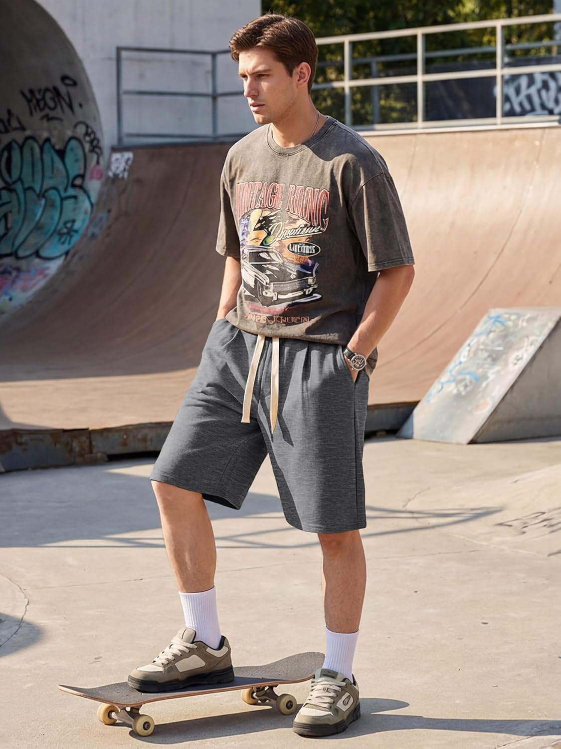 JMIERR Men's Baggy Shorts Casual Drawstring Knee Length Baggy Sweat Shorts Loose-Fit Y2K Raw Hem Workout Shorts - Image 4