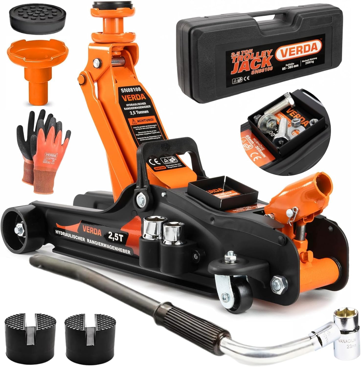 Verda Gato hidráulico con ruedas 2,5T, 85-365mm + base de goma + maletín + guantes de montaje + llave, gato hidráulico, elevador de auto, para vehículos particulares, profesional (Gato hidráulico 2,5T