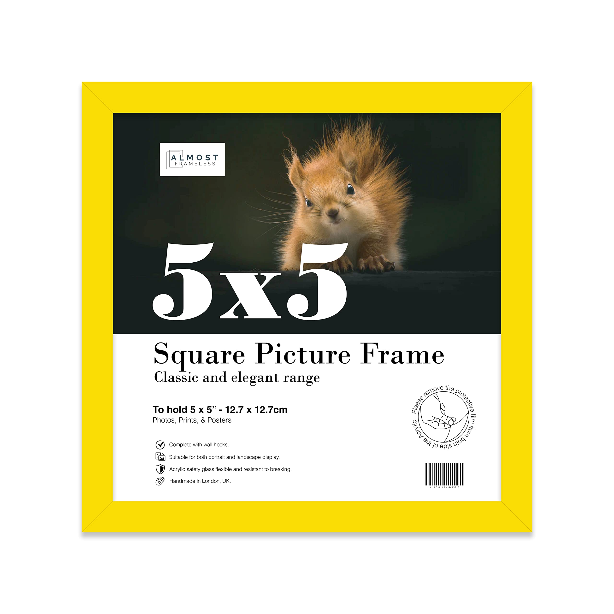 5x5 Inch Yellow Square Thin Photo Frame Wall Mountable and Freestanding Thin Picture Frame Standard Square Photograph Size, 5" X 5"(12.7 X 12.7cm)