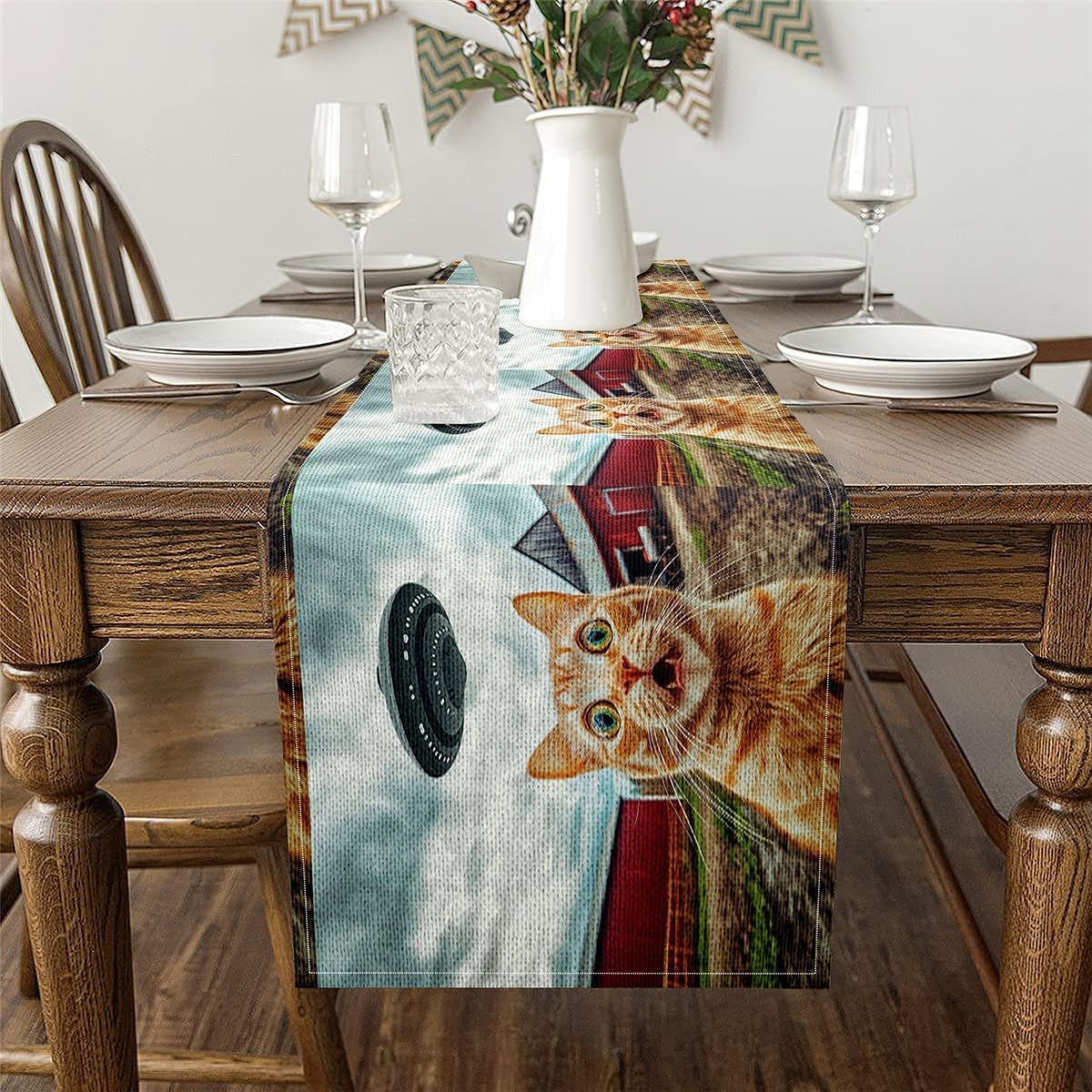 Erosebridal Funny Cat Table Runners,UFO Paint Table Runner for Men Women Kids,Surprised Fantasy Scene Rectangular Runner for Table Setting Decor,Alien Sci-Fi Car Dresser Runners,Orange Gray,13x90 image 2