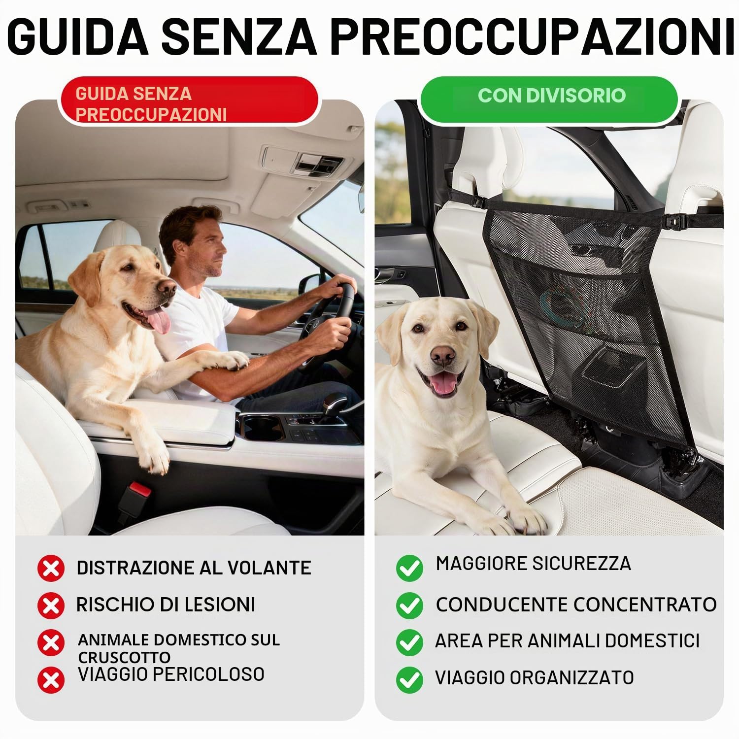 GGW Griglia per Cani per Auto con Tasche portaoggetti per Cani – Rete di separazione per Sedile Anteriore, barriera di Sicurezza Contro Il Cane dal Sedile Posteriore, Universale
