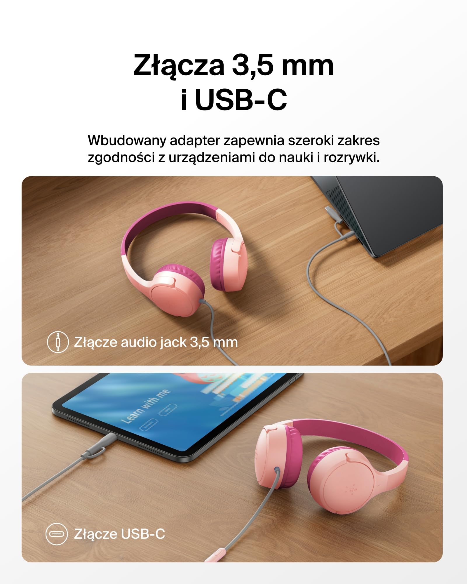 Belkin SoundForm Mini Słuchawki Dzieci Przewodowe, przejściówka USB-C do 3,5 mm, mikrofon, naklejki, maks. głośność 85 dB – nauka online i podróże, do urządzeń iPhone, iPad, Galaxy – Różowe