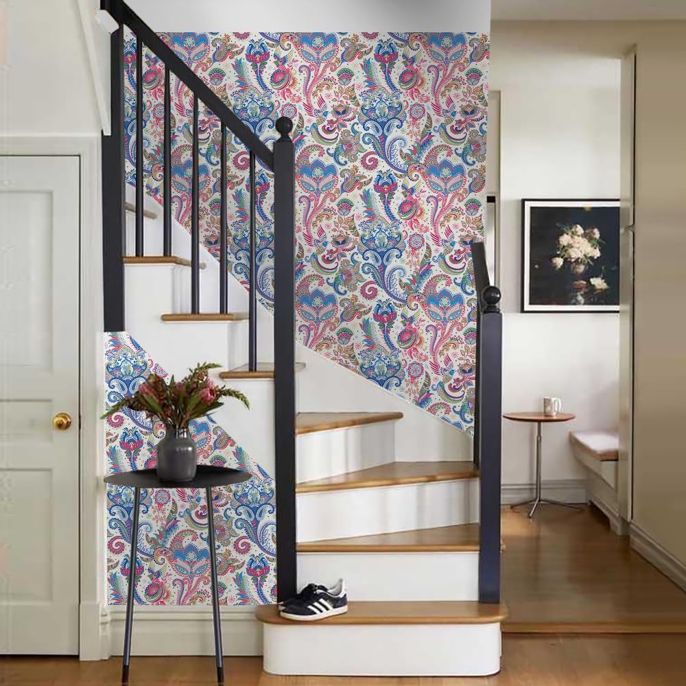 Colorful Paisley Flower Bird Peel and Stick Self Adhesive Wallpaper Removable Contact Paper Stick on Easy Peel Off Wall Paper for Kitchen Bedroom Bathroom Renter
