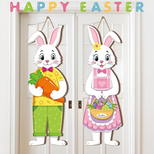 Miniatura 2 de Shellwei 2 letreros colgantes de conejo de Pascua de madera para puerta delantera, porche, interior y exterior, grande, colgante de puerta de
