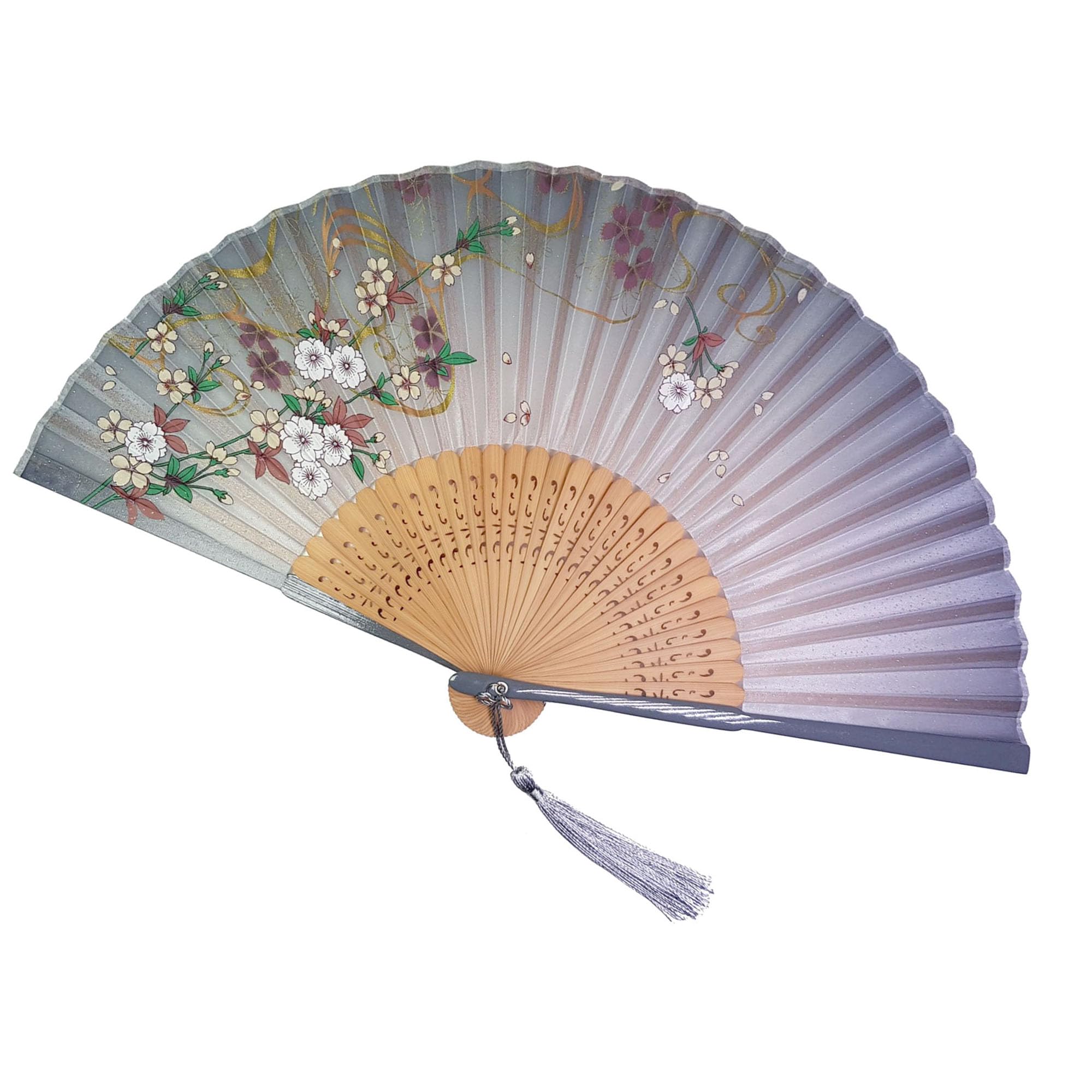 GFM® Bamboo Silk Handheld Folding Japanese Chinese Hand Fan Foldable for Summer, Wedding-Floral Grey-(MR-E) (FLSLK-F18-32)