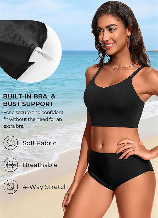 Women's Swim Bra Crop Top - Longline Modest V Neck Bikini Top