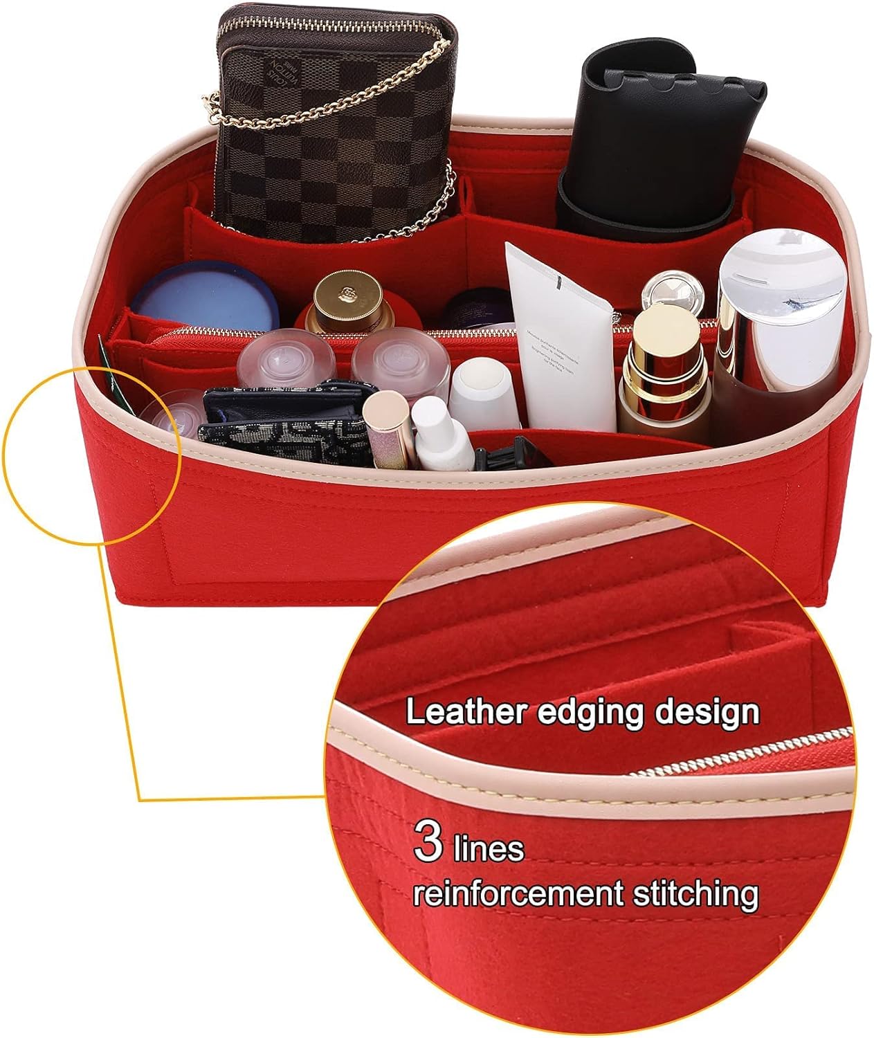 Doxo Purse Organizer Insert for Handbags & Base Shaper Combination,Tote Bag Organizer Insert with 6 Sizes,Compatible with LV Speedy 25 & Neverfull PM ON THE GO and More(Red-Medium) - Image 6