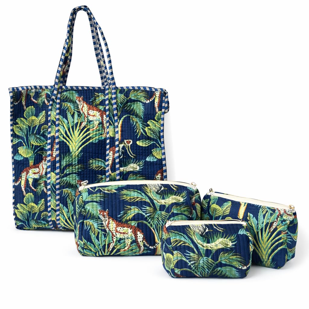 4-Piece Quilted Cotton Tote Bag and Toiletry Pouch Set – Traditional Print Handbag with 3 Matching Cosmetic Organizers for Travel, Shopping, and Daily Use-image-27