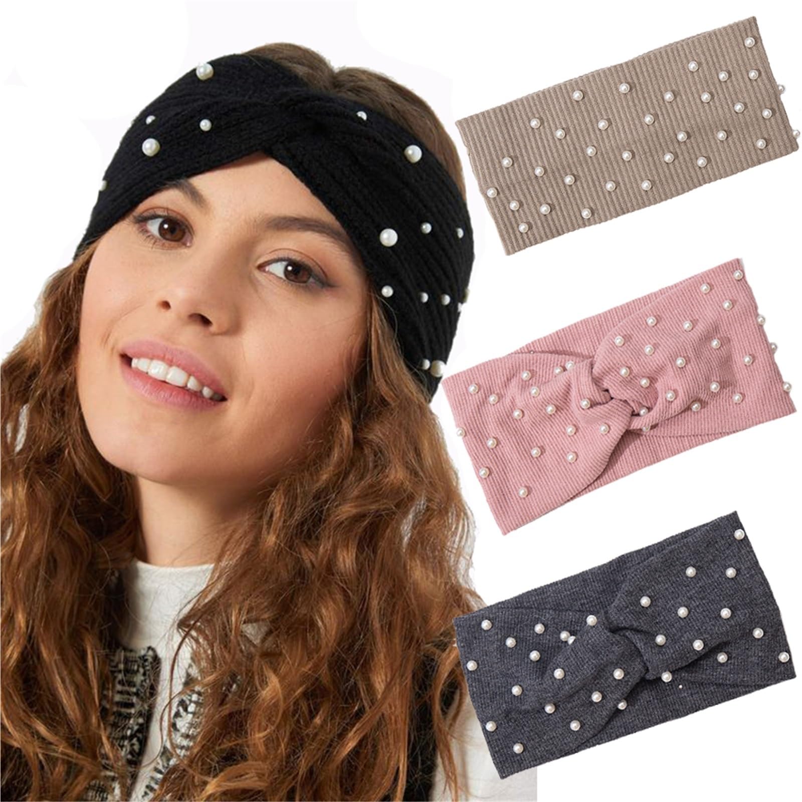 Cerchietto Invernale 2 pezzi Fasce for capelli perle Fasce for la testa lavorate a maglia Turbante Bandana Autunno Inverno Fascia elastica for capelli Accessori for capelli caldi Copricapo Per La Deco