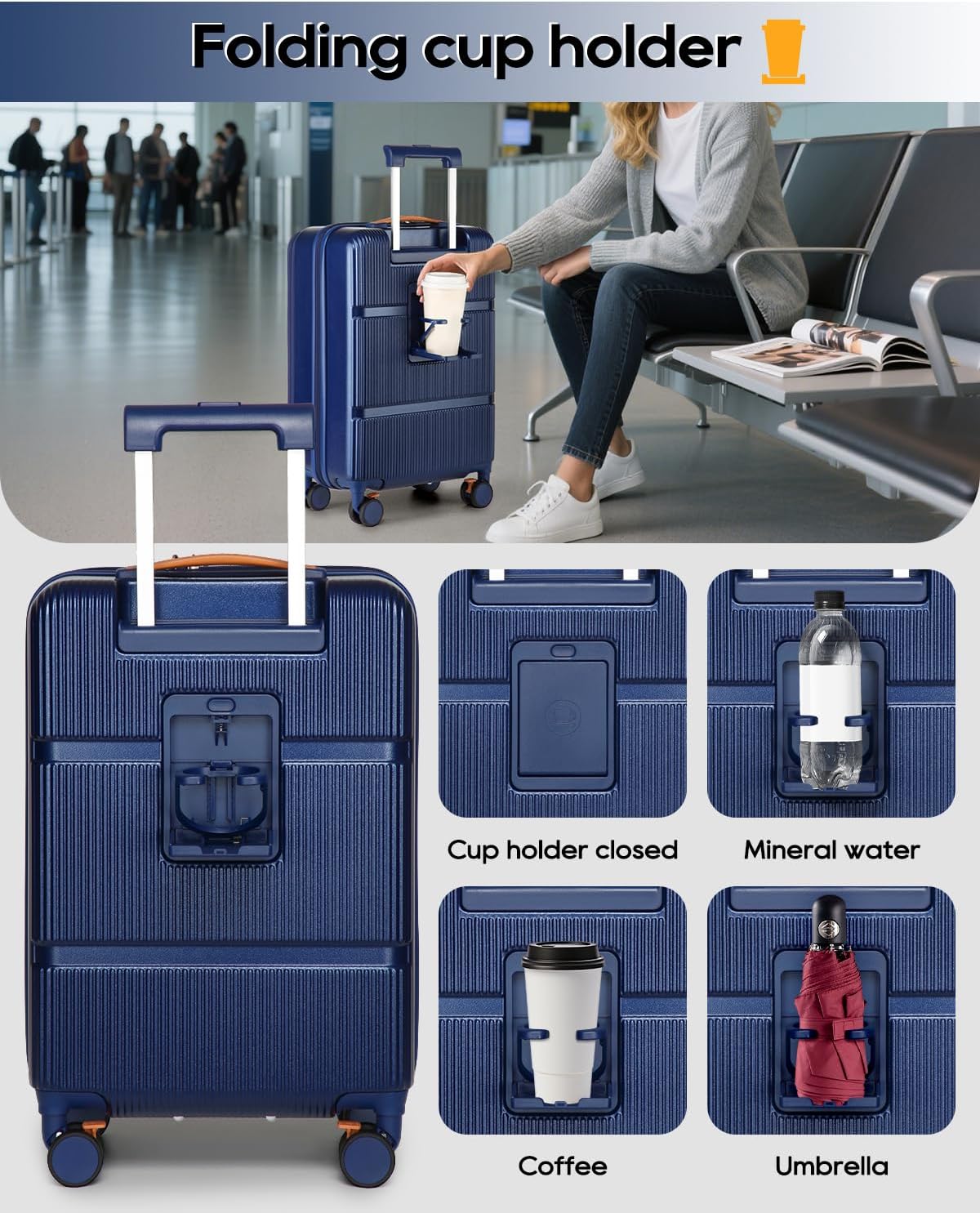 joyway carry on luggage blue side view with spinner wheels and telescoping handle
