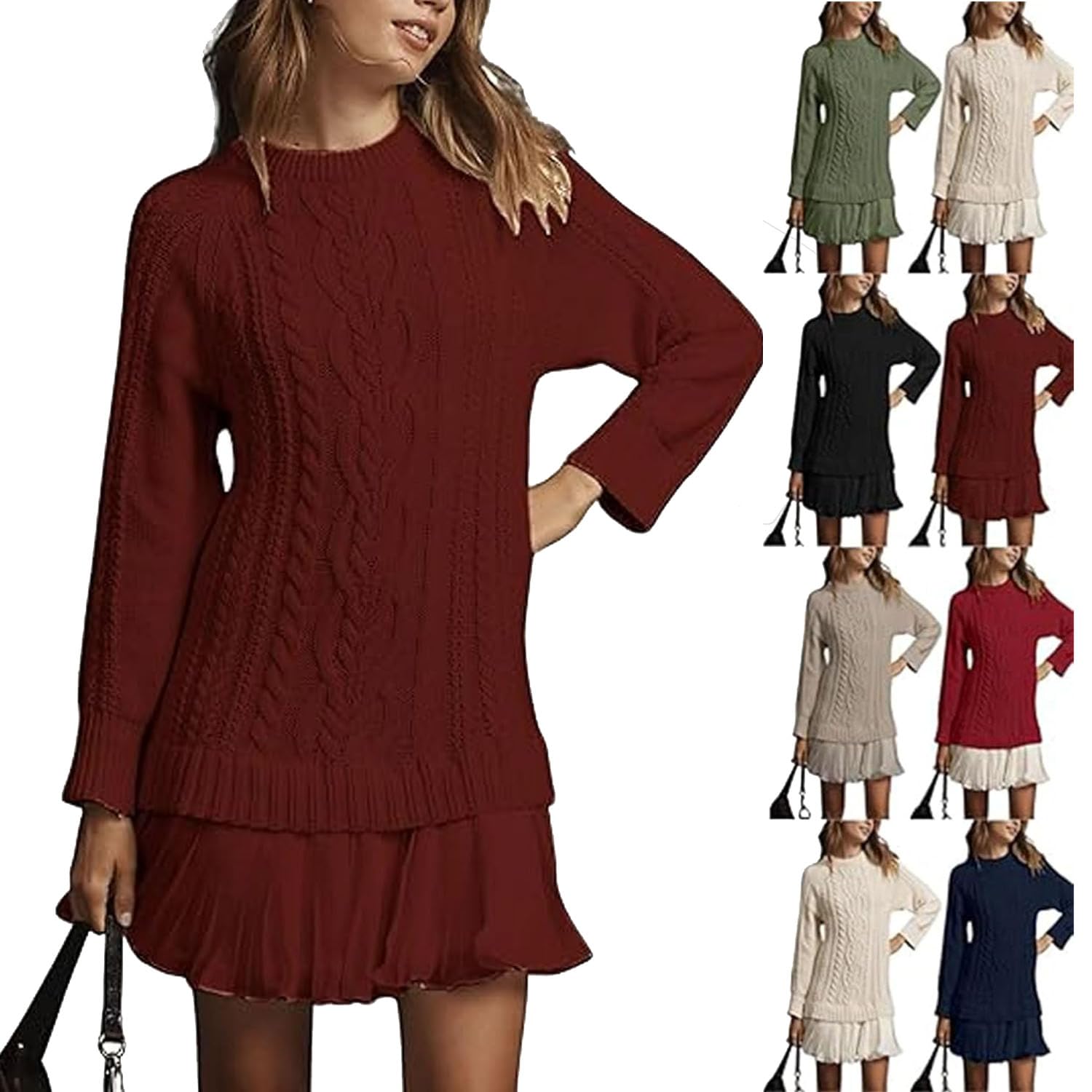 Vestido Mini de Punto Trenzado con Cuello Redondo para Mujer, Vestido Informal de Punto Trenzado con Cuello Redondo y Manga Larga para Mujer, Traje de otoño (Wine,3XL)