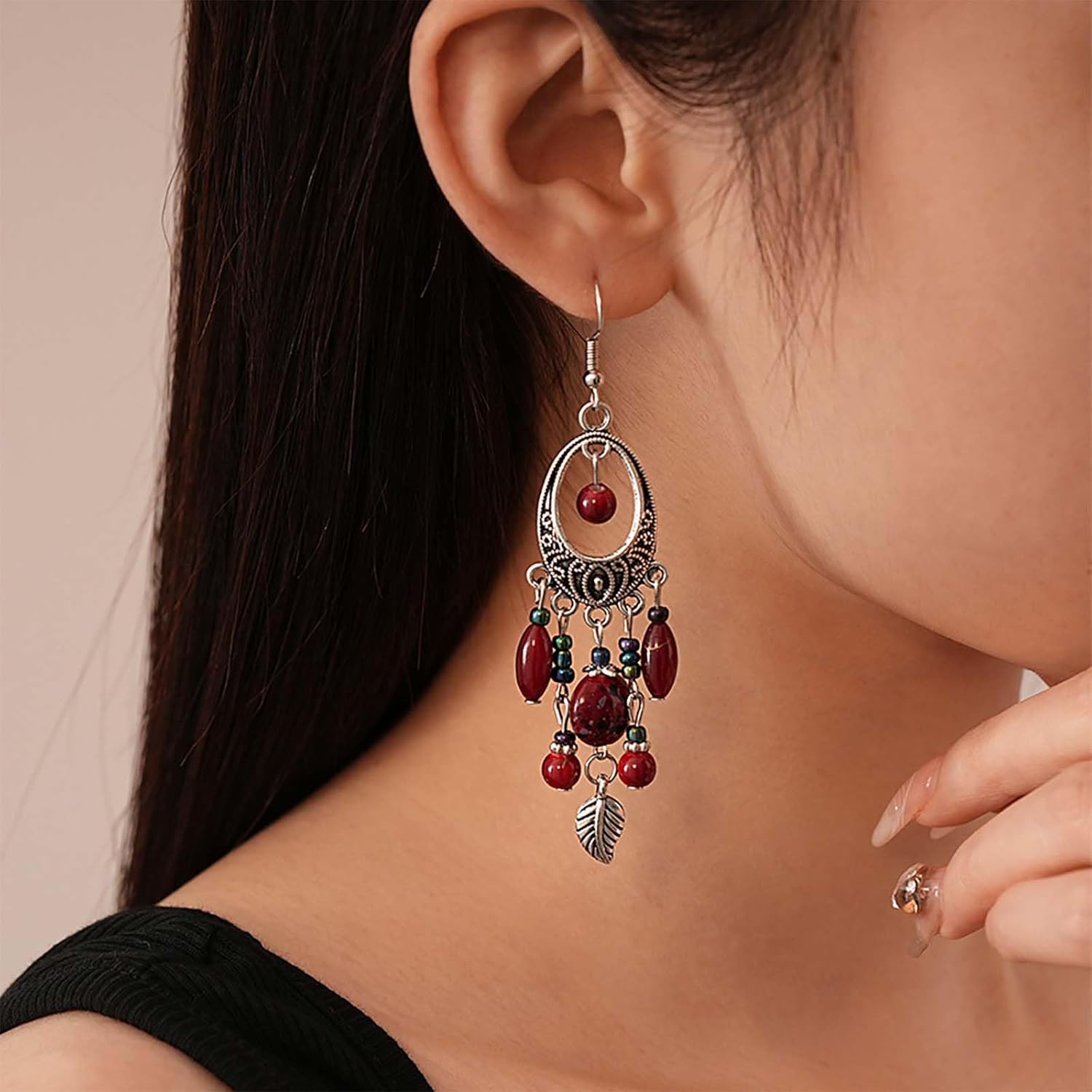 Andelaisi Boho Red Beads Chandelier Dangle Earrings Vintage Tribal Oval Drop Earring Silver Hollow Oval Beaded Earrings Long Tassel Leaf Hook Earring Jewelry for Women - Image 2