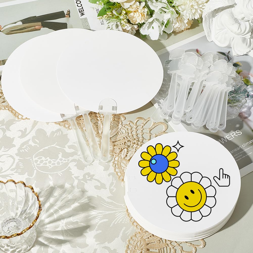 SOFPLATE 30Pcs Round Hand Fan Blank Paper Fans Bulk Flat White Cardstock Unfinished Handheld with Plastic Handle DIY Painting Crafting for Church Party Graduation Wedding Celebration Summer Decor - Image 3