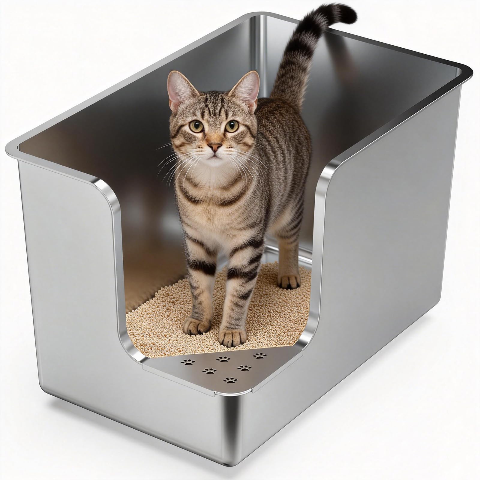 Stainless Steel Litter Box 11.8" High-Side, XL Metal Cat Litter Box, Corner Opening Entry Pet Toilet, Cat Litter Pan with Wheels, Easy to Move, Non-Stick, No Odor, for Big or Multiple Cats