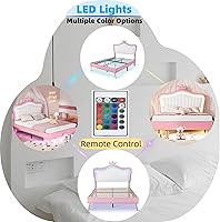Vista 5 de Linique Base de cama tapizada de tamaño matrimonial con luces LED, moderna cama de princesa tapizada con cabecera corona, blanco y rosa