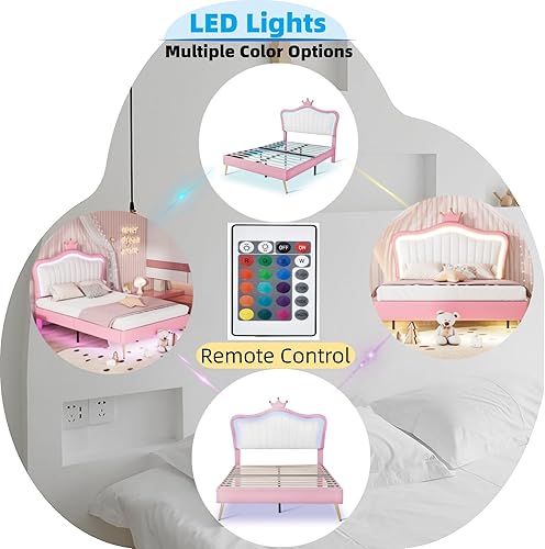 Miniatura 5 de Linique Base de cama tapizada de tamaño matrimonial con luces LED, moderna cama de princesa tapizada con cabecera corona, blanco y rosa