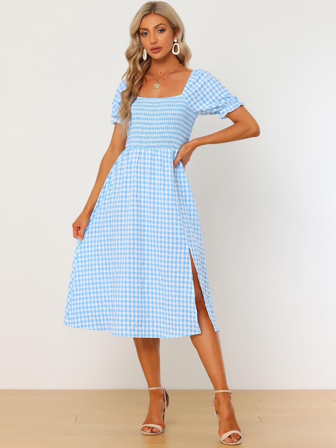 Allegra K Gingham Dress for Women's Peasant Smocked Puff Sleeve Checkered Fit and Flare Midi Dresses - Image 3