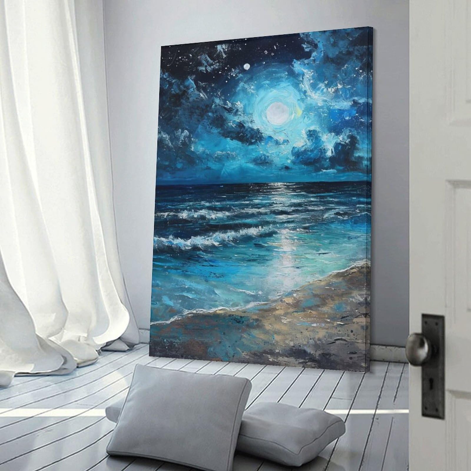 Junmoney Canvas Art Print Starry Seaside, 24x36inch(60x90cm), for Feature Walls in Flats Or Modern Rooms, Wall Decor Suited to Curated Displays