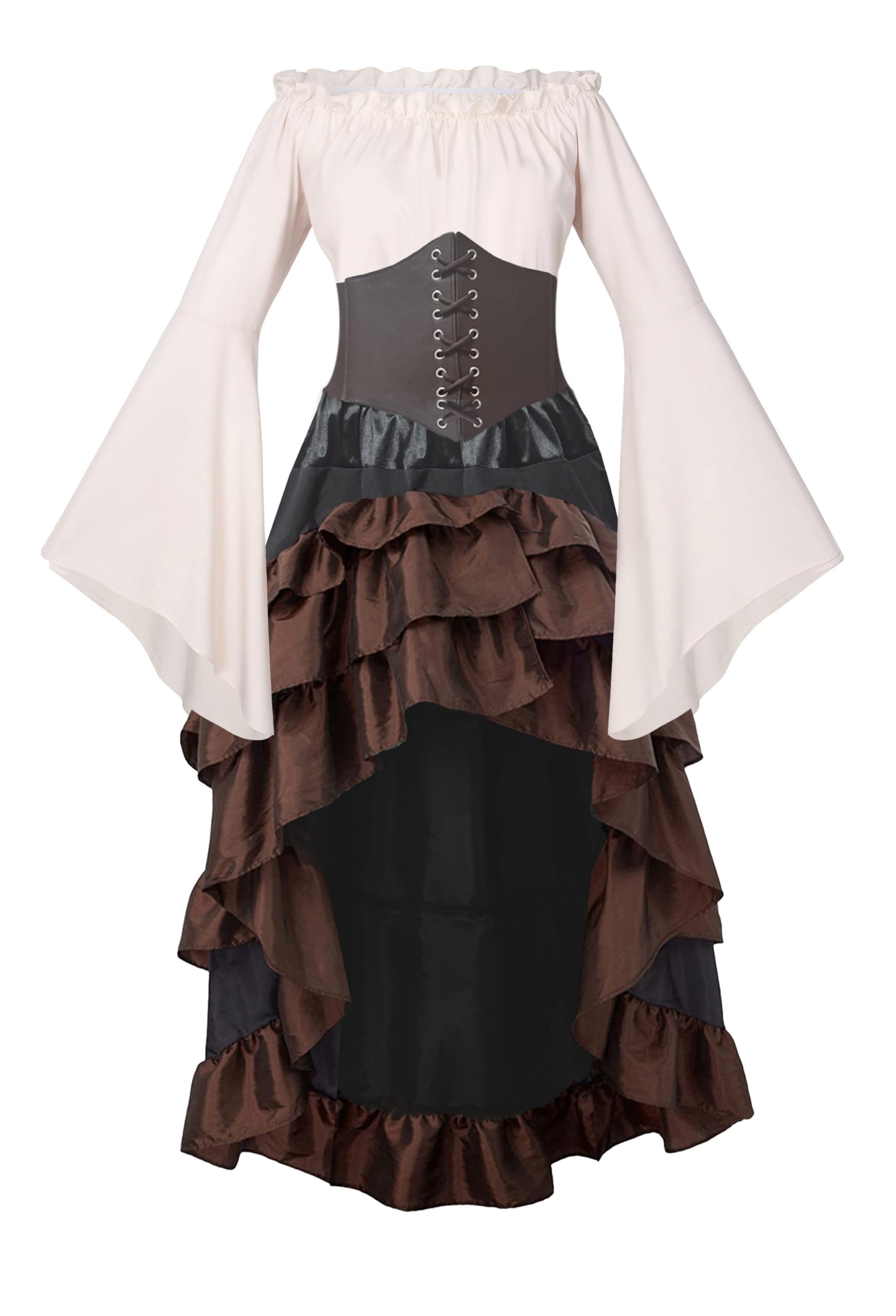 GOLDSTITCH Women Pirate Costume Medieval Renaissance Pirate Shirt Skirt Corset Belt Halloween Dress Brown S โ image 1